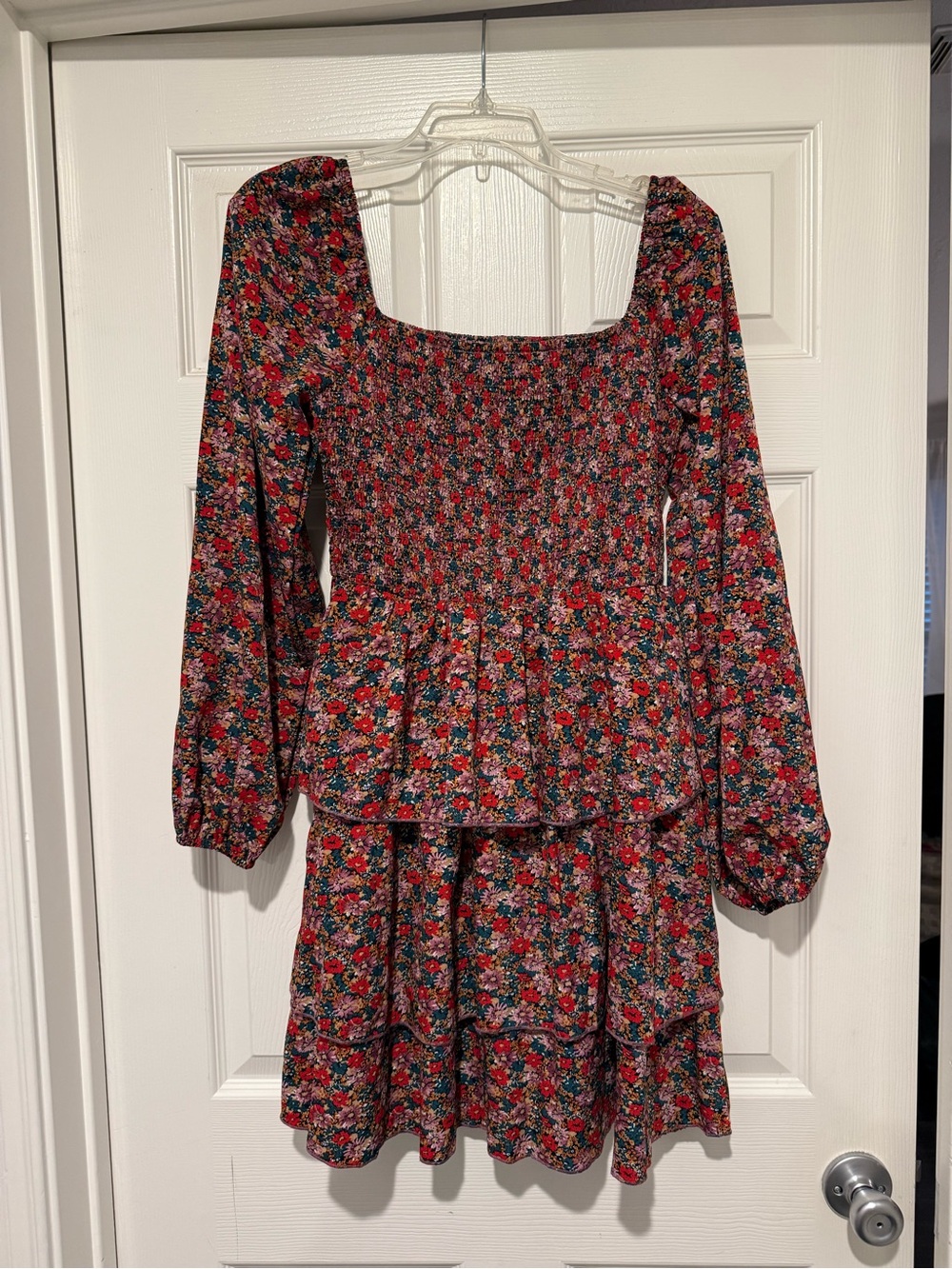 Floral Smocked Long Sleeve Mini Dress - Red Floral